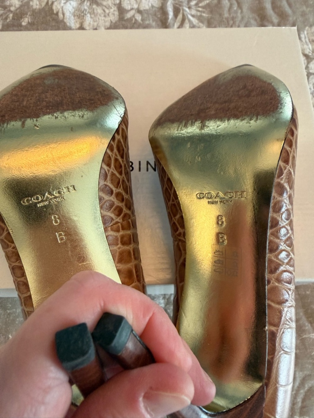 Coach Brown Croc-Embossed Pointed Toe Pumps with Gold Plate - Picture 10 of 12